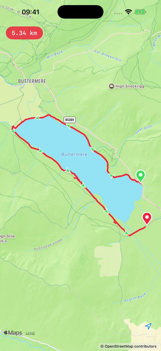 In Tracé, a route drawn with a finger around Buttermere snaps to the lakeside path